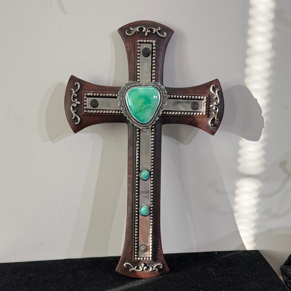Carson Other - Decorative Brown and Silver Wall Cross with Turquoise Accents